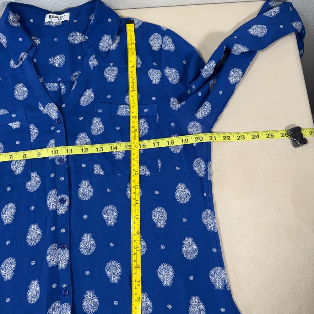 Express Portofino Shirt Women's Large Blue Paisley Button Up Blouse Long Sleeve - Picture 2 of 11